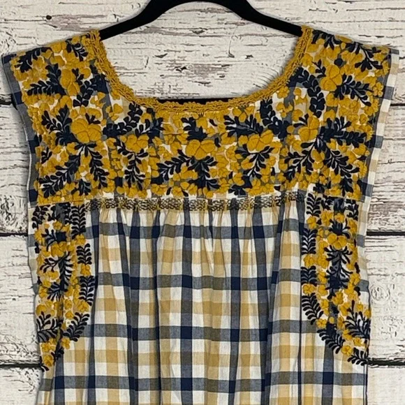Mi Golondrina Yellow and Navy Embroidered Floral plaid dress - Picture 5 of 8